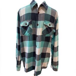 Vans Men’s Plaid Flannel Button Down Shirt Aqua Blue Navy White Skate L Cotton